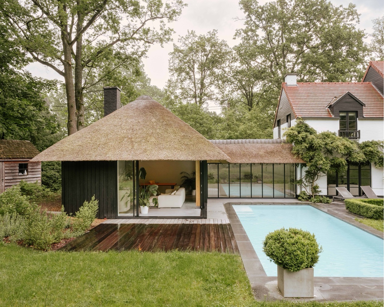 Extension en bois brûlé Shou Sugi Ban avec charpente en chêne et toiture en chaume à Lasne